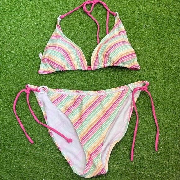 Vintage Y2K Aeropostale Women's XL/L Stripped Pink Summer Bikini Two Piece - Picture 1 of 7